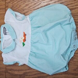 Petit Confection Baby Boy Easter Bunny striped romper, size 3 mos